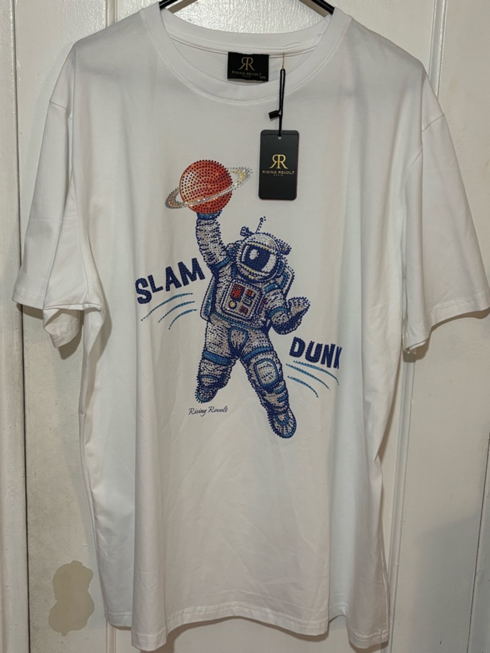 Rising Revolt White 'Slam Dunk' Astronaut Graphic Tee.